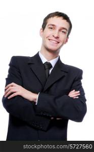 portrait of young adult happy businessman with crossed arms - on white
