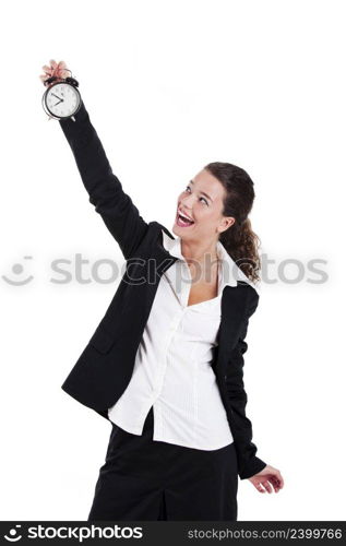 Portrait of Young and beautiful businesswoman holding a clock