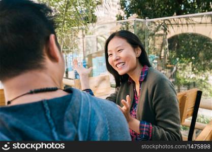 Portrait of young Asian couple enjoying a date and spending good time together Love concept.