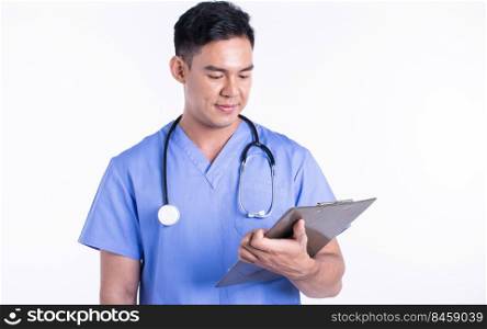 Portrait of young asian male doctor wearing uniform and stethoscope, smiling and standing on white background. Medical Concept.