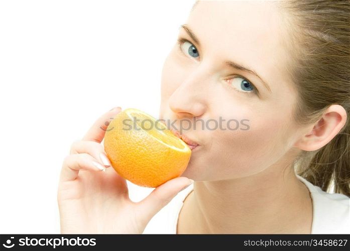 portrait of young attractive woman with orange, over white