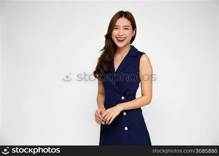 Portrait of Young beautiful Asian businesswoman standing and smiling isolated on white background, Looking at camera