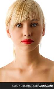 portrait of young beautiful blond girl with red lips and bright eyes