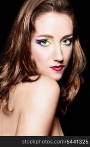 Portrait of young beautiful brown hair girl with extravagant makeup. Retouched&#xA;