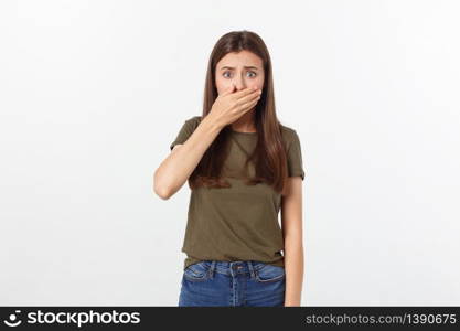 Portrait of young beautiful caucasian funny student girl with long brown hair in fashionable outfit squeezing face with hands. Portrait of young beautiful caucasian funny student girl with long brown hair in fashionable outfit squeezing face with hands.