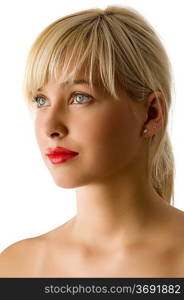portrait of young beautiful girl with red lips and bright eyes