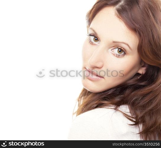 portrait of young beautiful lady, over white background