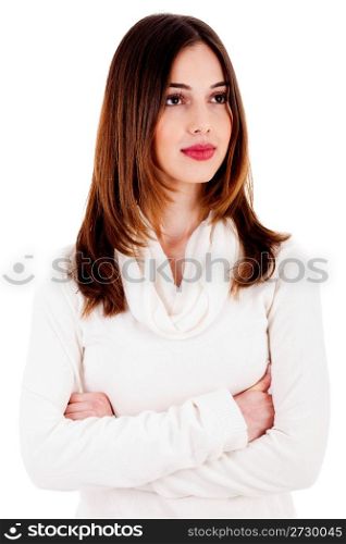 Portrait of young beautiful lady posing with folded hands over isolated white background