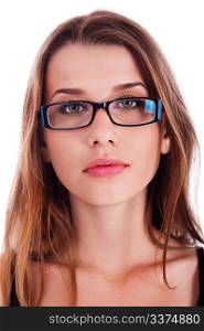 Portrait of young beautiful lady wearing spectacles over isolated white background, closeup