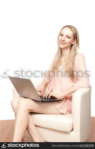 Portrait of young beautiful smiling woman with laptop