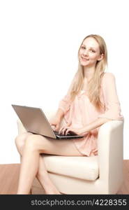 Portrait of young beautiful smiling woman with laptop