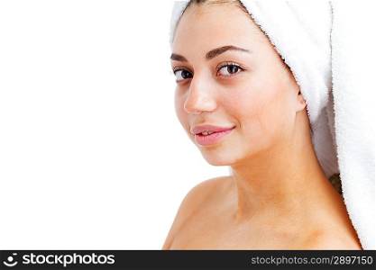 Portrait of young beautiful woman after bath. Isolated over white.