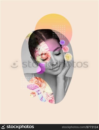 Portrait of young beautiful woman in the form of a fashionable collage. Conceptual fashion art design in a modern style