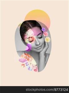 Portrait of young beautiful woman in the form of a fashionable collage. Conceptual fashion art design in a modern style