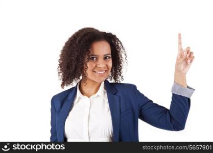 Portrait of young beautiful woman pointing up at copyspace over white background