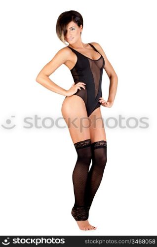 portrait of young beautiful woman wearing stockings and sexy lingerie, full length, isolated