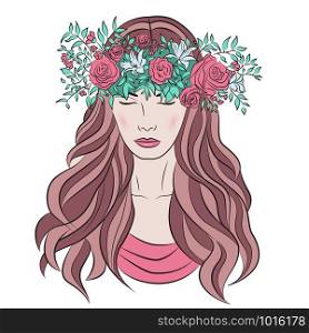 portrait of young beautiful woman with flowers, rose. Vector illustration