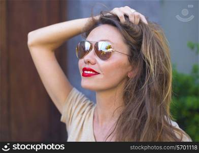 Portrait of Young Beautiful Woman with Red Lips