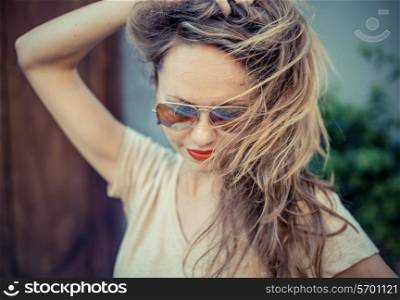 Portrait of Young Beautiful Woman with Red Lips.Film Retro Style