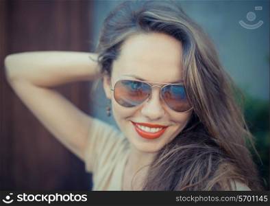 Portrait of Young Beautiful Woman with Red Lips.Film Retro Style