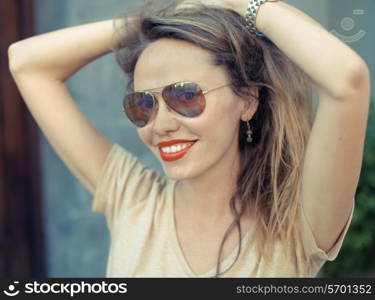 Portrait of Young Beautiful Woman with Red Lips.Film Retro Style