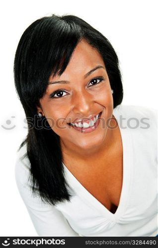 Portrait of young black woman smiling isolated on white background
