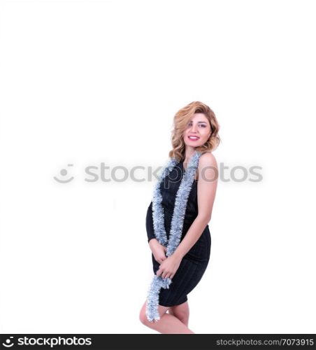 Portrait of young blonde attractive woman in silver tinsel with isolated on white background. Merry Christmas and New Year theme. Party time