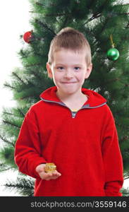 Portrait of young boy holding small gift box standing in front of Christmas tree, looking at camera