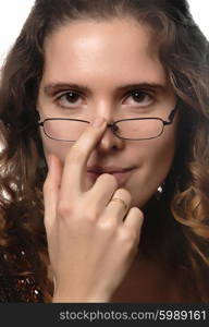 portrait of young brunette with black glasses