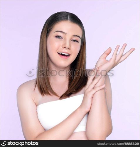Portrait of young brunette with long hair and flawless skin with hand gesture for beauty and cosmetic concept. charming beautiful young girl posing hands for skincare or cosmetic advertising.. charming girl with flawless skin portrait for beauty and cosmetic concept.