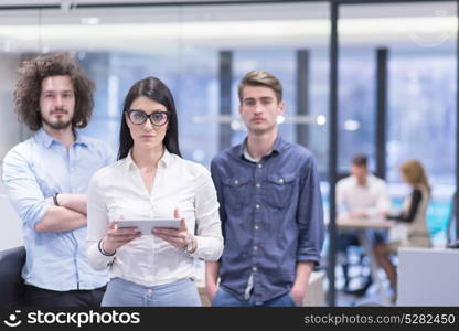 Portrait of young business people discussing business plan in the startup office