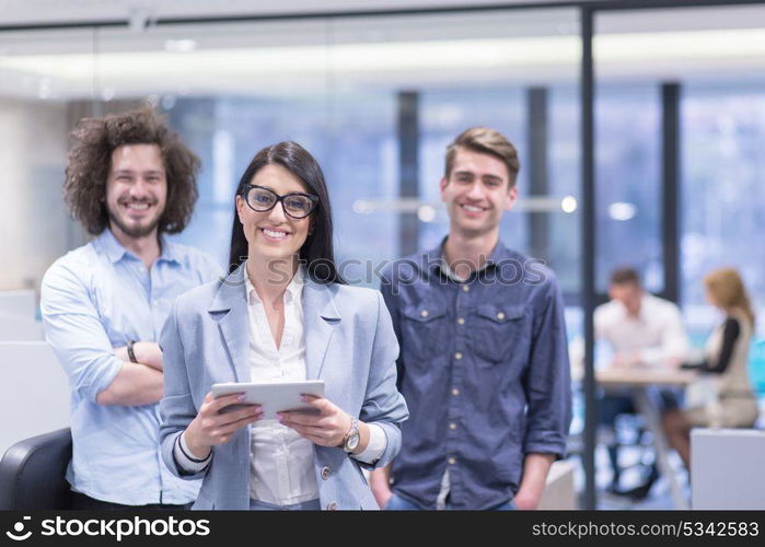 Portrait of young business people discussing business plan in the startup office