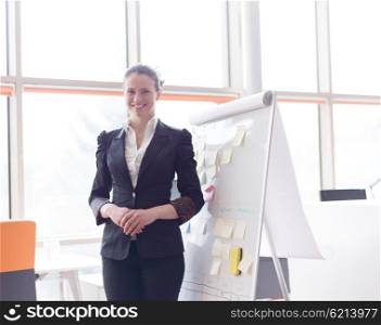 portrait of young business woman at modern office with flip board and big window in background