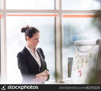 portrait of young business woman at modern office with flip board and big window in background