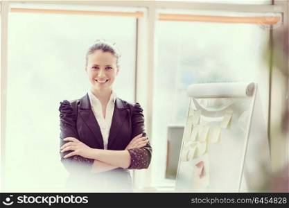 portrait of young business woman at modern office with flip board and big window in background