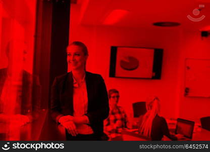 portrait of young business woman at modern startup office interior, team in meeting group in background