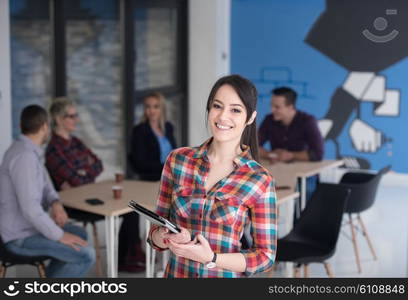 portrait of young business woman at modern startup office interior, team in meeting in background