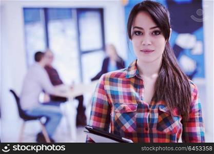 portrait of young business woman at modern startup office interior, team in meeting in background