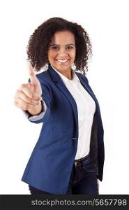 Portrait of young business woman giving thumbs up on white background