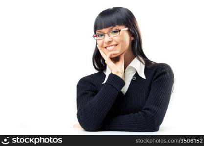 portrait of young business woman smiling over white with copyspace