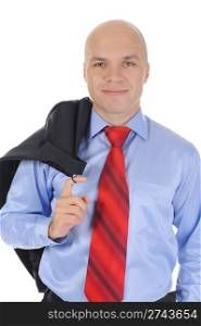 Portrait of young businessman holding a jacket in his hand over his shoulder. Isolated on white background