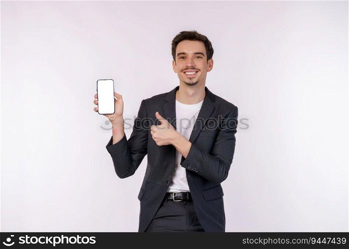 Portrait of young businessman holding smartphone cellphone blank screen with mockup copy space isolated white background. Showing advert, using online application concept.