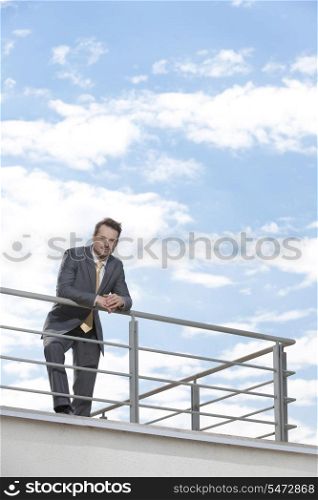 Portrait of young businessman leaning on terrace railings