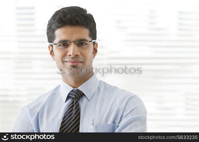 Portrait of young businessman smirking