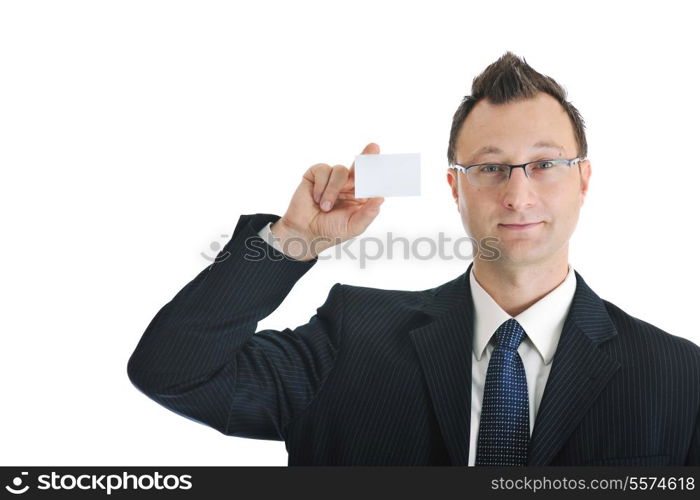 portrait of young businessman with empty business card isolated on white