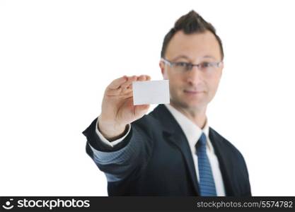 portrait of young businessman with empty business card isolated on white