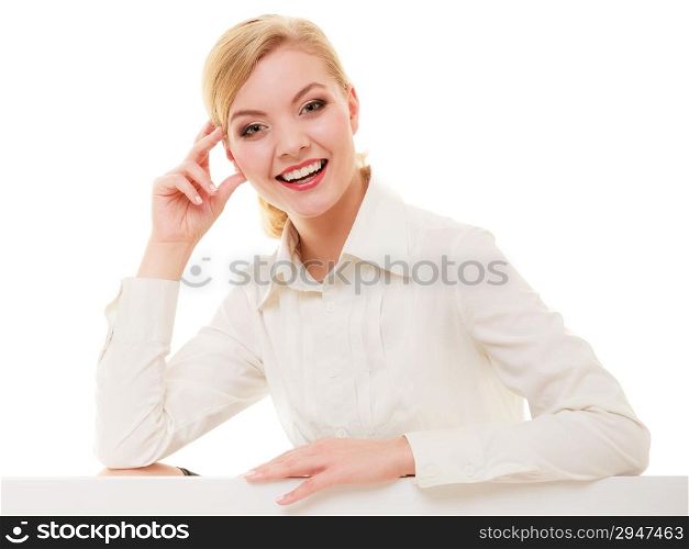Portrait of young businesswoman boss beautiful blond woman in shirt isolated on white. Business worker.