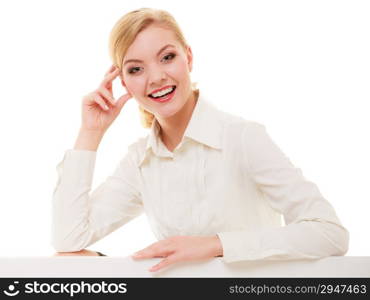 Portrait of young businesswoman boss beautiful blond woman in shirt isolated on white. Business worker.