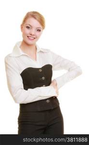 Portrait of young businesswoman boss beautiful blond woman in shirt isolated on white. Business worker.