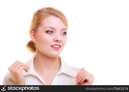 Portrait of young businesswoman boss beautiful blonde woman in shirt isolated on white. Business worker.